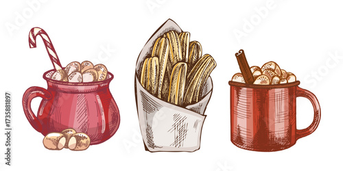Hand drawn vintage sketch of hot cocoa mugs with marshmallows and cinnamon sticks and churros dessert snack