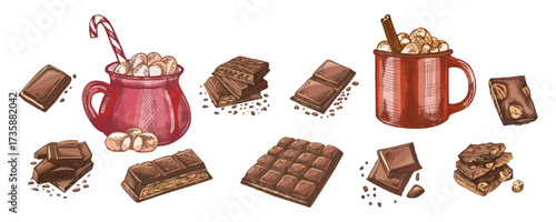 Hand drawn vintage sketch of hot cocoa mugs with marshmallows and assorted chocolate bars and pieces set