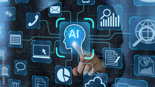 AI agent and AI integration. Autonomous AI business process automation. Businessperson tapping an artificial intelligence icon.