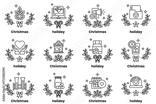 Set of illustrations in the concept of business and Christmas holidays in line art style