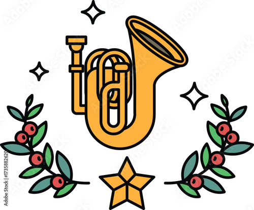 A black and white drawing of a trombone with a leafy border