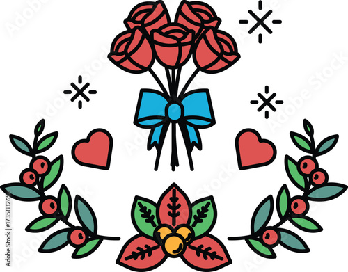 A bouquet of roses with a bow is surrounded by leaves and hearts