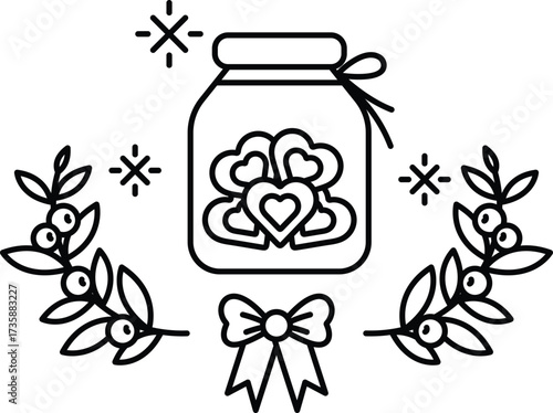 A jar with hearts on it is surrounded by leaves and a bow