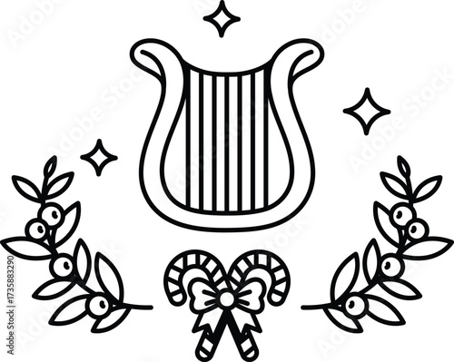 A black and white drawing of a harp with a bow and leaves