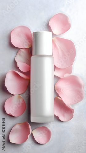 Minimal white bottle, pink petals. Soft lighting reveals subtle texture. Ideal for cosmetic product photography, website banners, elegant branding.