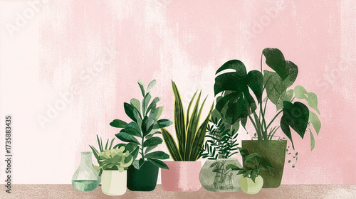 Modern Plant Collection with Pink Wall, Minimalist Interior Illustration