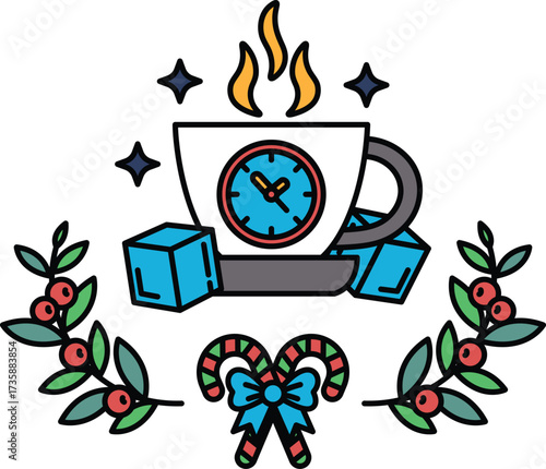 A black and white drawing of a cup with a clock on it