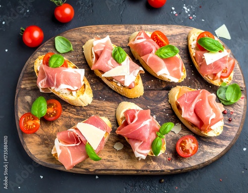 Bruschetta assortment on a wooden board