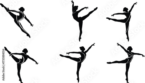 Ballet dancer silhouettes, graceful movement, elegant pose, body alignment, black figure, classical dance, flexibility, balance, posture study, artistic motion