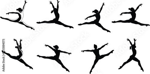 Ballet dancer silhouettes, grand jeté leap, expressive movement, black figures, dynamic pose, flexibility, body control, elegant form, dance technique, performance