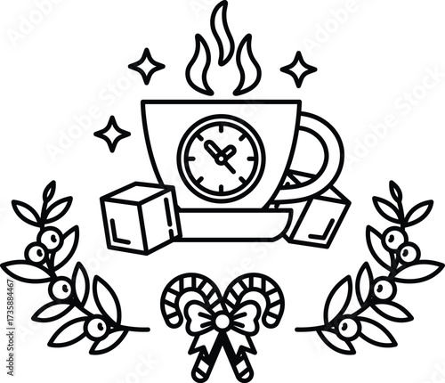 A black and white drawing of a cup with a clock on it