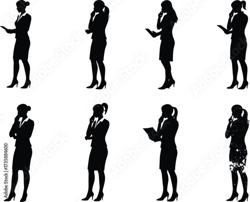 Businesswoman silhouette collection, professional female poses, corporate attire, thinking gesture, confident stance, tablet holding, leadership concept, damaged figure, diversity, office wear