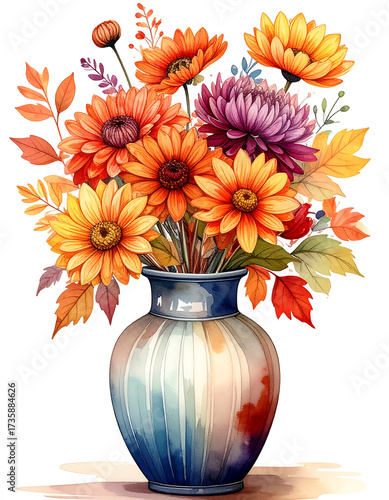 Blue Ceramic Vase With Bright Autumn Flowers Illustration