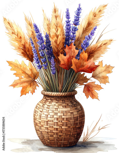 Rustic Vase With Dried Lavender And Wheat Illustration