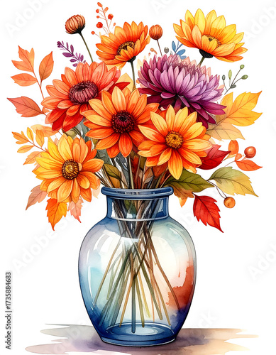 Golden Vase With Mixed Fall Floral Arrangement Illustration