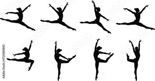 Dancer silhouettes, ballet poses, contemporary movement, expressive leaps, black figures, flexibility, body control, graceful form, dynamic motion, performance art