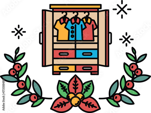 A black and white drawing of a dresser with a leafy border