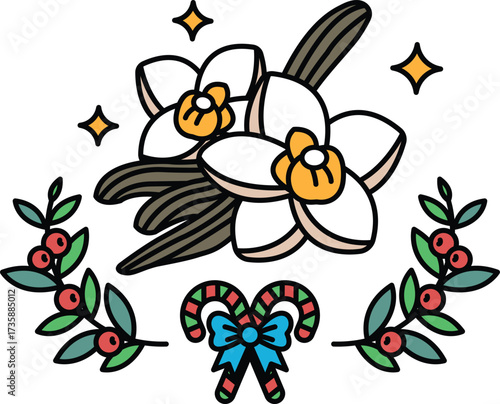 A black and white drawing of a flower arrangement with a bow and a candy cane