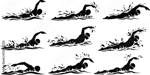 Freestyle swimming sequence, swimmer silhouette, arm movement, water splash, stroke technique, athletic posture, sports training, isolated vector, dynamic motion, fluid analysis
