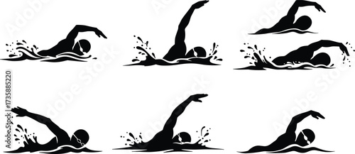 Freestyle swimming sequence, swimmer silhouette, arm movement, water splash, stroke technique, athletic posture, sports training, isolated vector, dynamic motion, fluid analysis