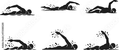 Freestyle swimming sequence, swimmer silhouette, arm movement, water splash, stroke technique, swim cap, goggles, sports training, isolated vector, dynamic motion