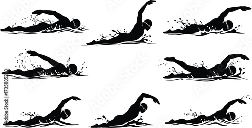 Freestyle swimming sequence, swimmer silhouette, arm movement, water splash, stroke technique, swim cap, goggles, sports training, isolated vector, dynamic motion