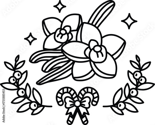 A black and white drawing of a flower arrangement with a bow and a candy cane