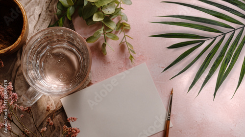 Natural Workspace with Water, Greenery, and Blank Card on Pink