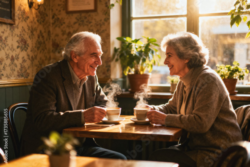 Warm coffee date: smiling senior couple chatting in a cozy café with morning sunlight and steam rising from cups; love, connection and lifestyle concept. generative AI