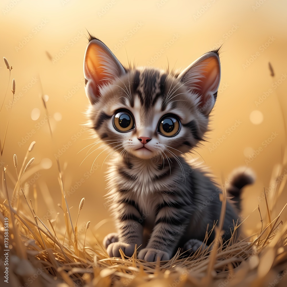 Obraz premium A depiction of the black footed cat, one of the smallest wild cats, shown in natural habitat or illustration style, featuring its unique spotted and striped fur, nocturnal and elusive nature