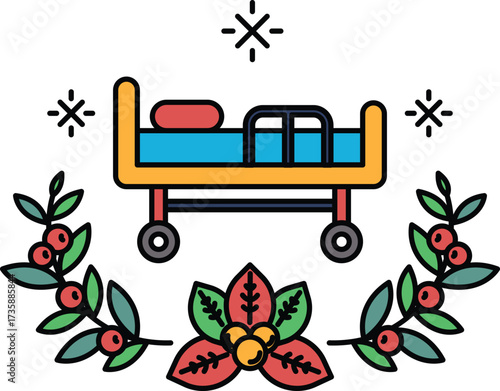 A bed with a wheeled frame is surrounded by leaves