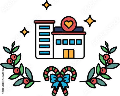 A building with a heart on it and a wreath of leaves