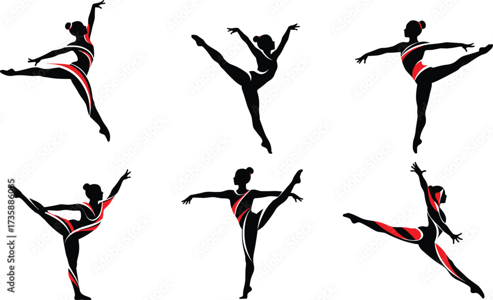 Fototapeta premium Gymnast silhouettes, dancer poses, athletic movement, graceful form, black figures, leotard accents, flexibility, balance, performance art, dynamic motion, elegance