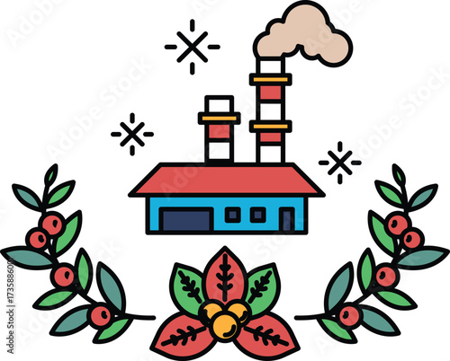 A black and white drawing of a factory with a large chimney