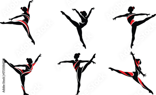 Gymnast silhouettes, dancer poses, athletic movement, graceful form, black figures, leotard accents, flexibility, balance, performance art, dynamic motion, elegance