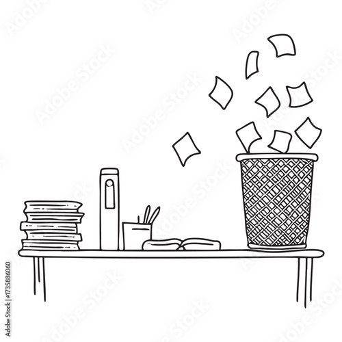 A wastebasket beside a desk with scattered papers