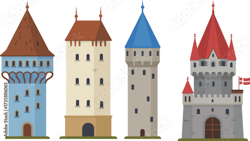 Cartoon medieval tower illustration set, vector drawing of fantasy castles, historical architecture, stone buildings, and fairytale design for educational content