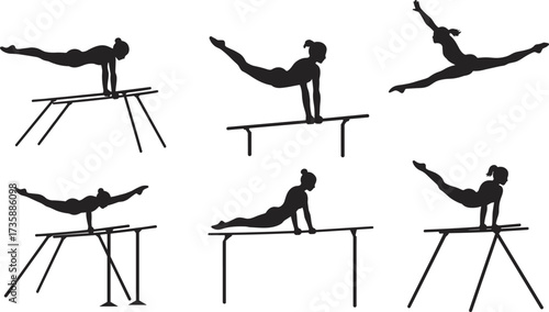 Gymnast silhouettes, parallel bar routines, athletic movement, strength training, dynamic poses, black figures, flexibility, body control, motion study, precision