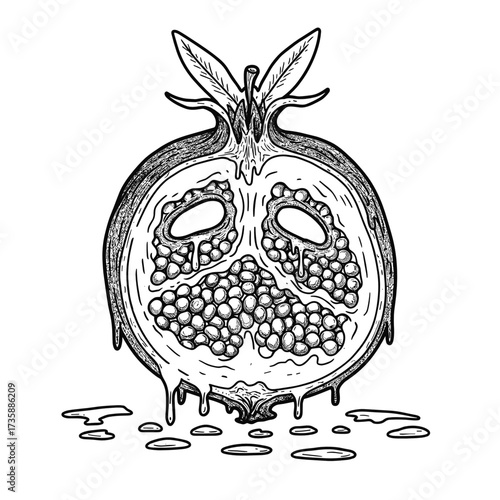 Pomegranate illustration depicting sliced fruit with seeds and juice  