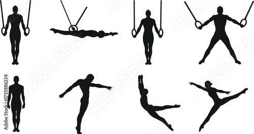 Gymnast silhouettes, ring exercises, dynamic poses, athletic movement, strength training, flexibility, black figures, motion study, body control, gym performance