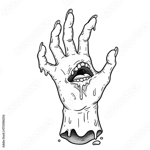 Creepy zombie hand emerging from ground with dripping features for Halloween  