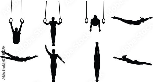 Gymnast silhouettes, ring exercises, floor poses, athletic movement, strength training, flexibility, black figures, motion study, body control, gym performance