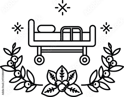 A bed with a wheeled frame is surrounded by leaves