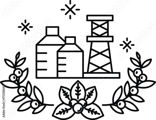A black and white drawing of a power plant with a wreath of leaves surrounding i