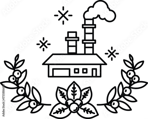 A black and white drawing of a factory with a large chimney