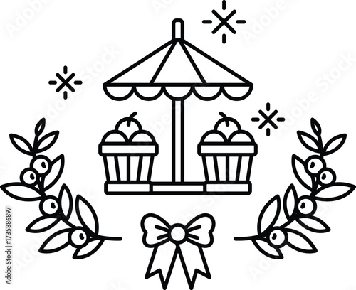 A black and white drawing of a fruit stand with a canopy and a bow