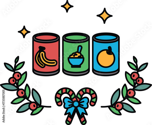 Three cans of food are shown in a wreath