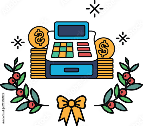 A black and white drawing of a cash register with a bunch of coins on top of it
