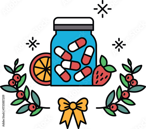A jar of pills is surrounded by fruit and leaves