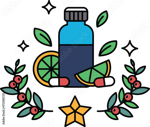 A bottle of medicine is surrounded by a leafy green border and a slice of orange